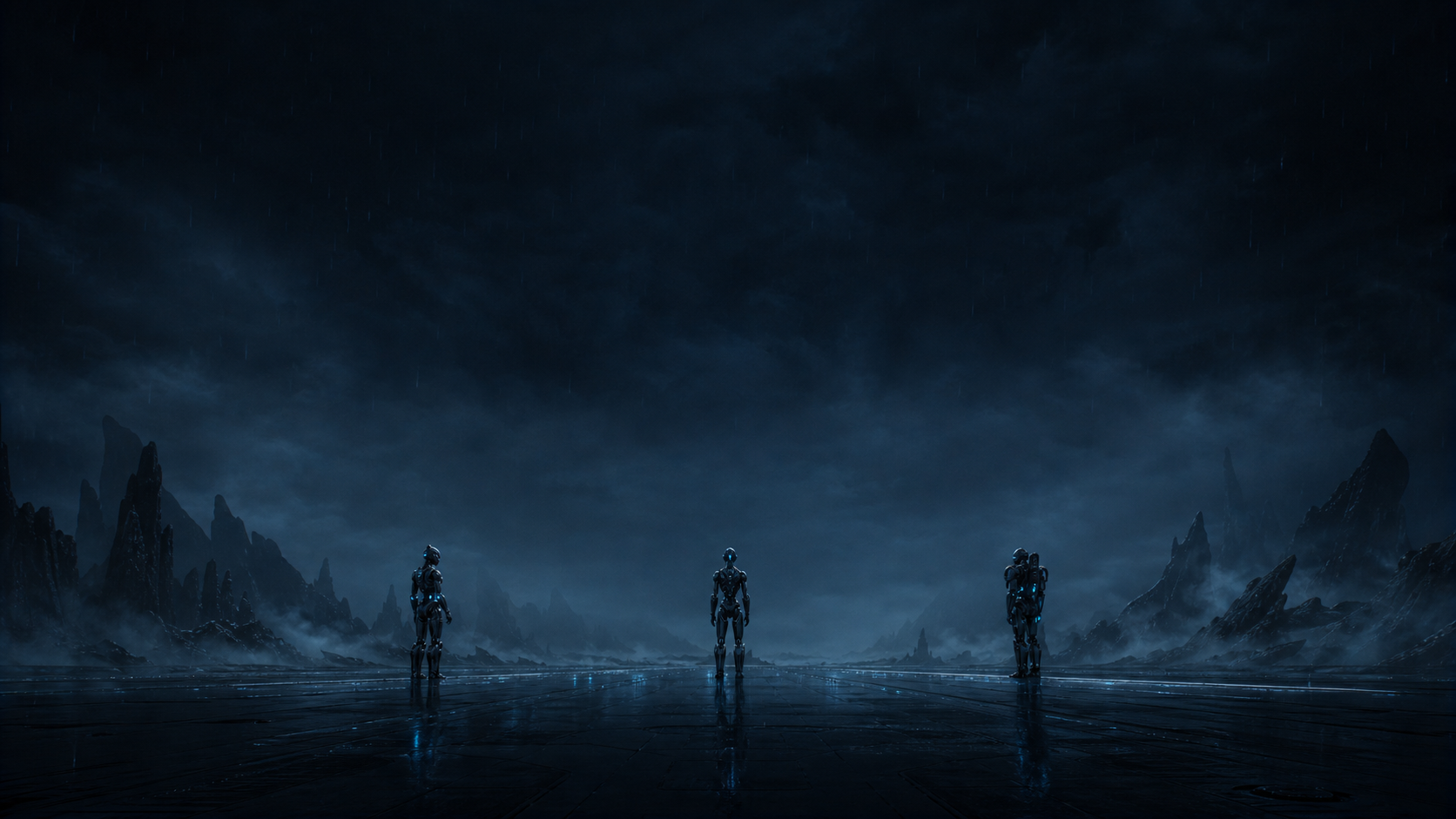Three Heliox agents in a stormy landscape
