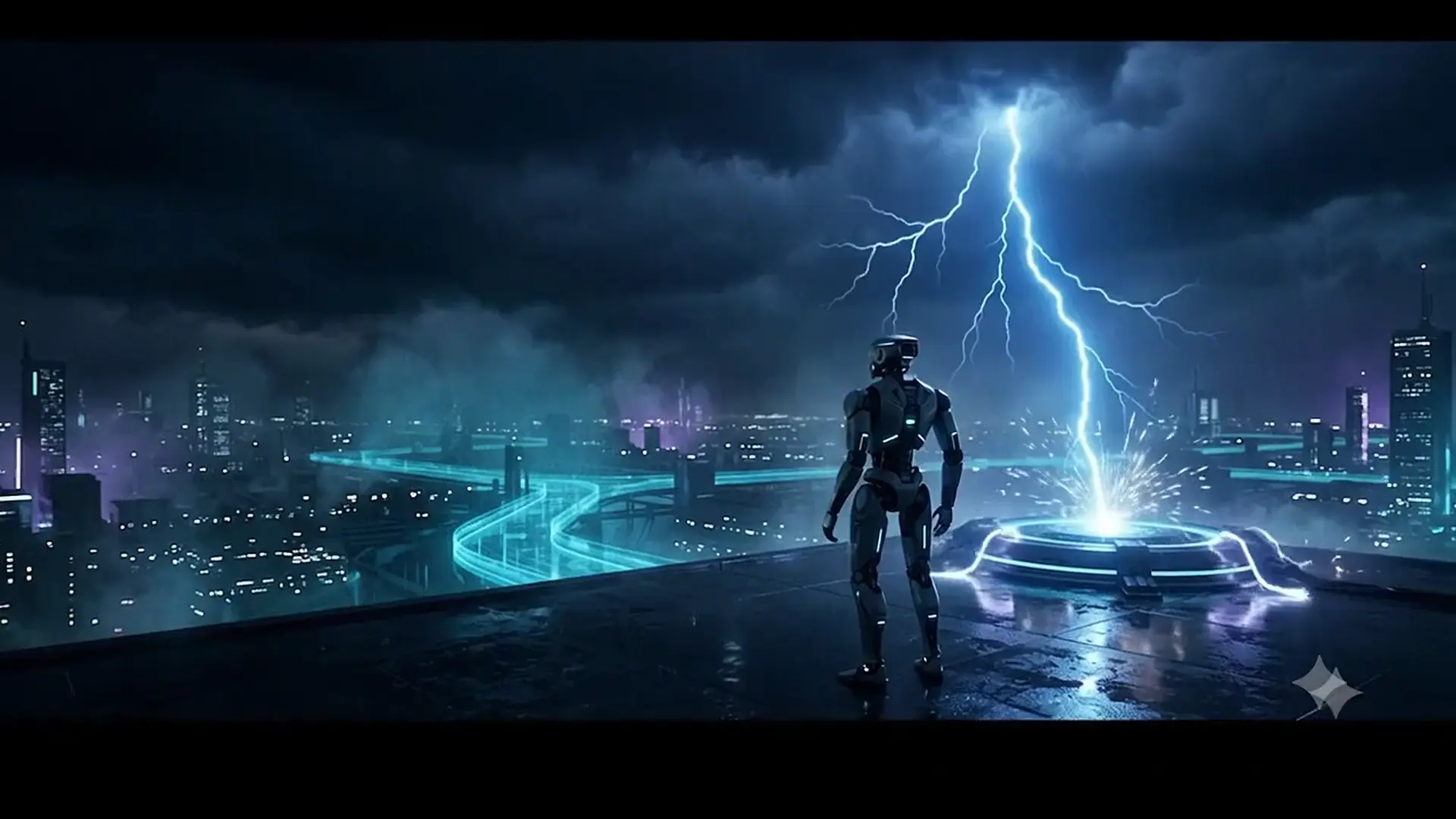 A Heliox service robot overlooking a storm-lit autonomous city